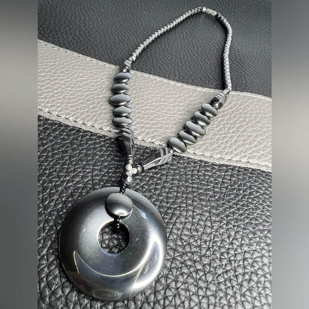 Vintage Black Hematite Beaded Necklace with 1 ½" Disc Pendant 16" - 20”
